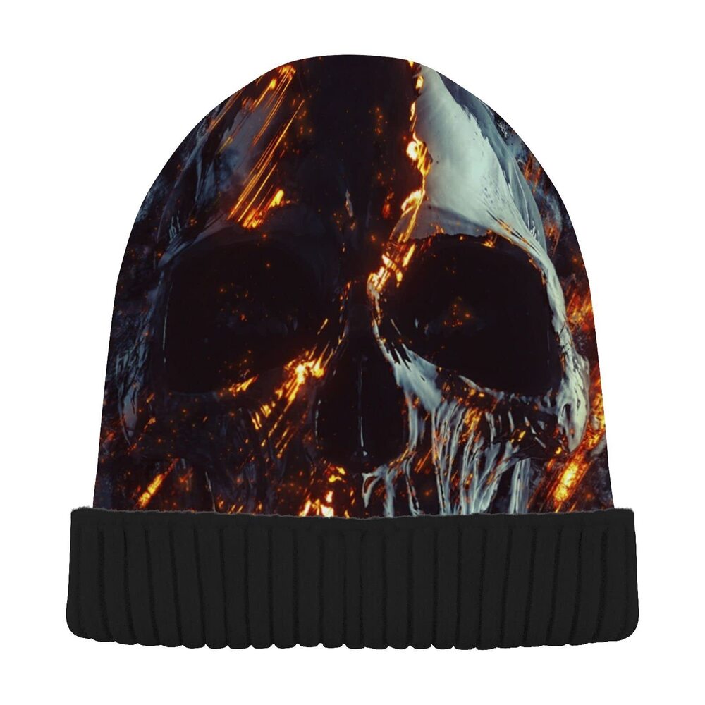 5235 3D Dark Skull Glowing Fire Beanie Winter Hat Reversible Skull Cuffed